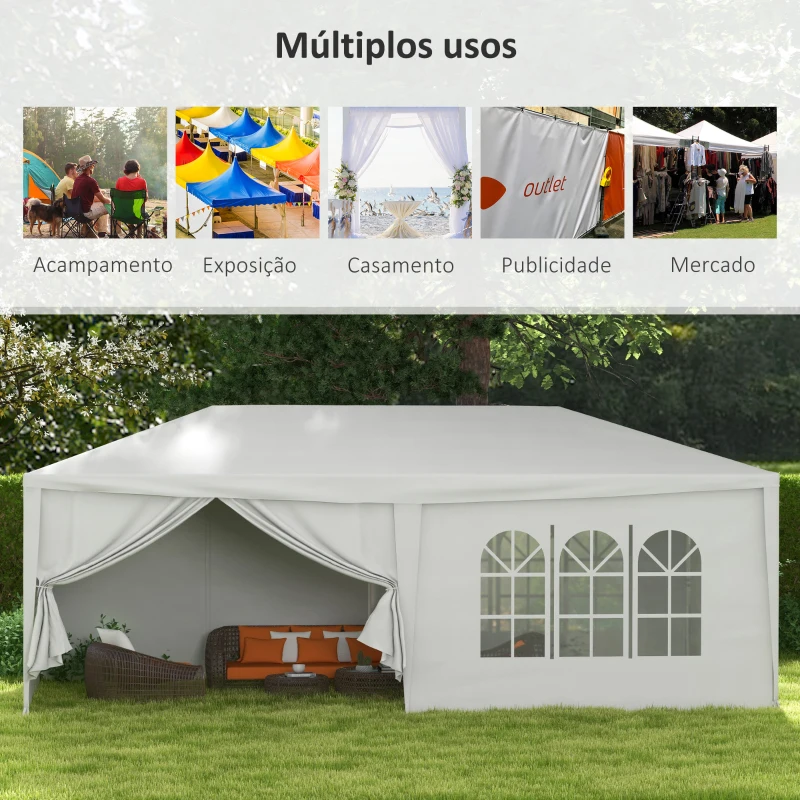 Outsunny Tenda de Jardim 583x293 cm Tenda para Festas com 4 Janelas 2 Portas com Fecho de Correr 6 Paredes Laterais  Branco
