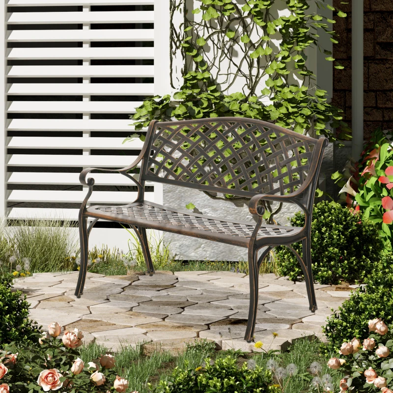 Outsunny Cast Aluminium Outdoor Garden Bench 2 Seater Antique Patio Loveseat, Bronze