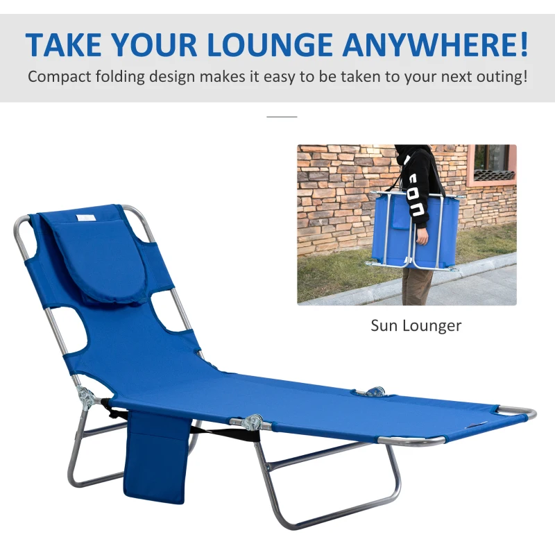 Outsunny Foldable Sun Lounger with Reading Hole, Portable Sun Lounger with 5 Level Adjustable Backrest, Reclining Lounge Chair with Side Pocket, Headrest Pillow, Blue