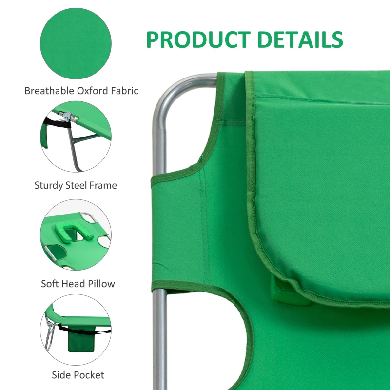 Outsunny Foldable Sun Lounger with Reading Hole, Portable Sun Lounger with 5 Level Adjustable Backrest, Reclining Lounge Chair with Side Pocket, Headrest Pillow, Green