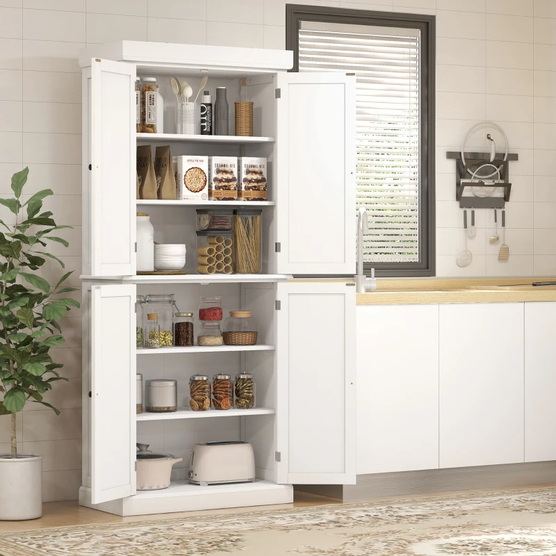 HOMCOM Freestanding Kitchen Cupboard with 4 Doors, Storage Cabinet with 6-Tier Shelving and 4 Adjustable Shelves, White