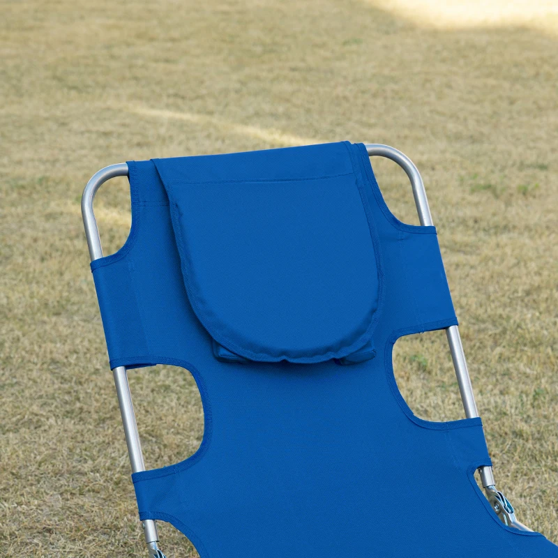 Outsunny Foldable Sun Lounger with Reading Hole, Portable Sun Lounger with 5 Level Adjustable Backrest, Reclining Lounge Chair with Side Pocket, Headrest Pillow, Blue