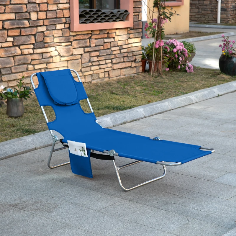 Outsunny Foldable Sun Lounger with Reading Hole, Portable Sun Lounger with 5 Level Adjustable Backrest, Reclining Lounge Chair with Side Pocket, Headrest Pillow, Blue