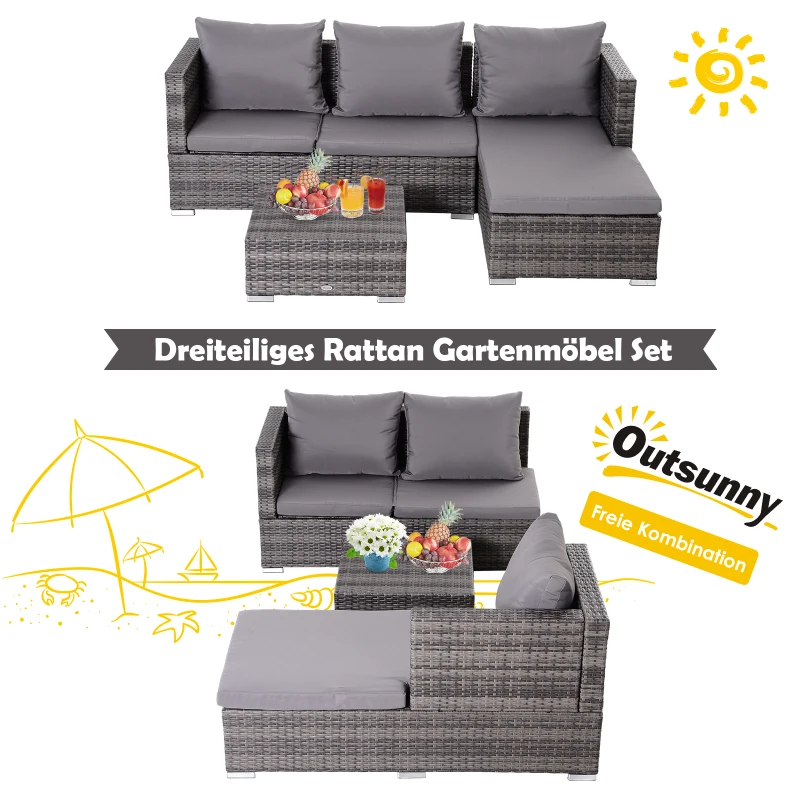 Outsunny Dreiteiliges Gartenmöbel Set, Sofa, Beistelltisch mit Stauraum, 5-Stufig Rückenlehne, PE-Rattan, Grau, (Sofa) 130 x 64 x 62 cm