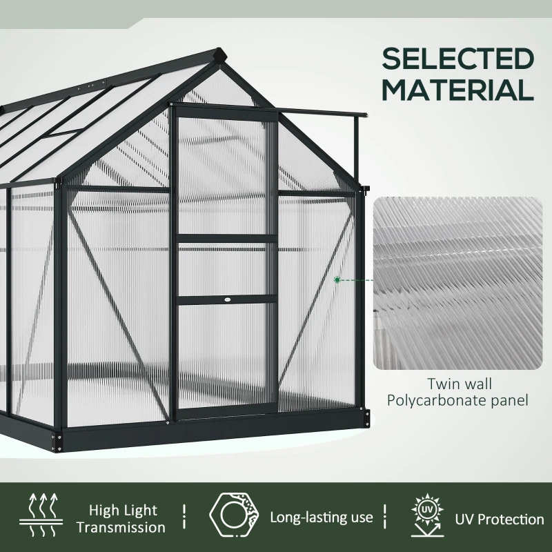 Outsunny 6 x 10ft Polycarbonate Greenhouse, Large Walk-In Green House with Slide Door and Window, Garden Plants Grow House with Aluminium Frame and Foundation, Grey(m-5)
