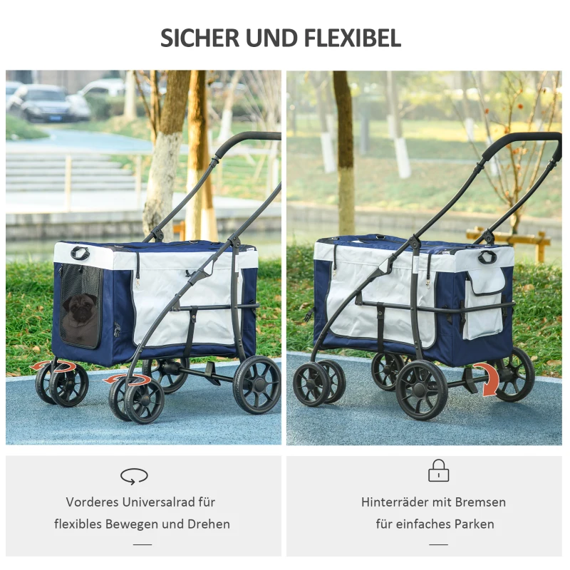 PawHut Hundbuggy Haustierbuggy Haustiertransporter bis 10kg klappbar verstellbare Trageriemen abnehmbarer Korb 81 x 58 x 97,5 cm Schwarz + Blau + Weiß(m-6)