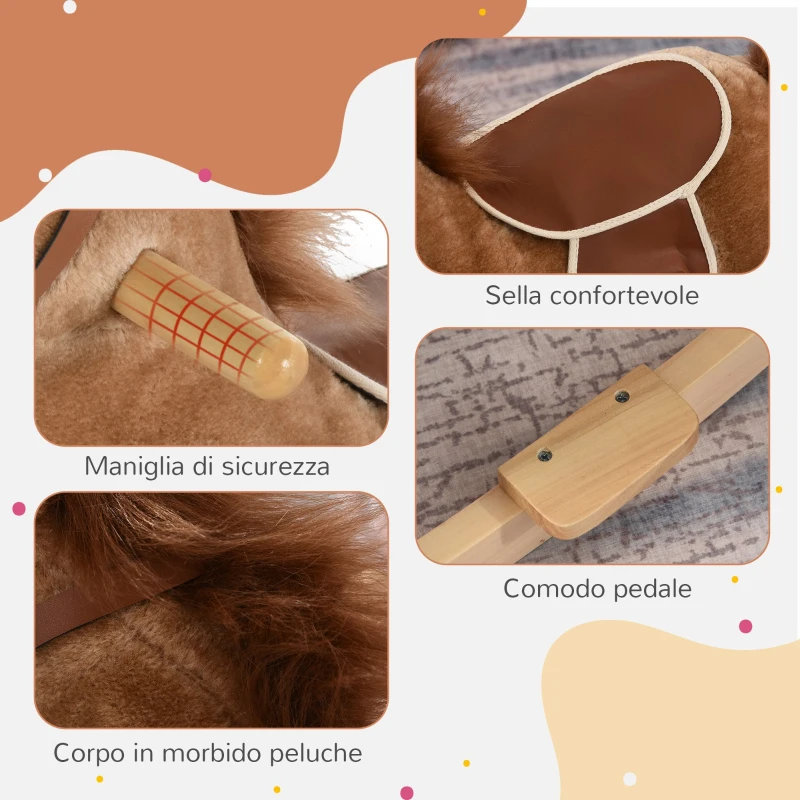 HOMCOM Cavallo a Dondolo Giocattolo con Suoni Realistici per Bambini 36-72 Mesi, Include 2 Batterie AA, Marrone
