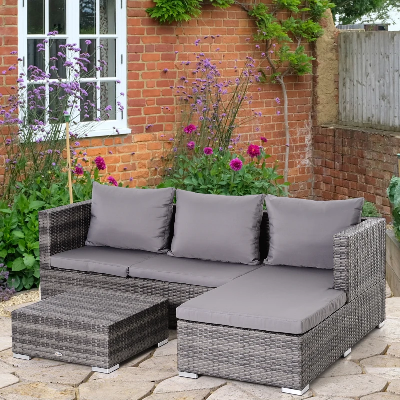 Outsunny Dreiteiliges Gartenmöbel Set, Sofa, Beistelltisch mit Stauraum, 5-Stufig Rückenlehne, PE-Rattan, Grau, (Sofa) 130 x 64 x 62 cm