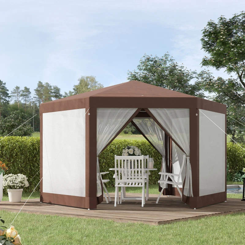 Outsunny Hexagonal Garden Gazebo - Patio Party Outdoor Canopy Tent Sun Shelter with Mosquito Netting and Zipped Door, Brown