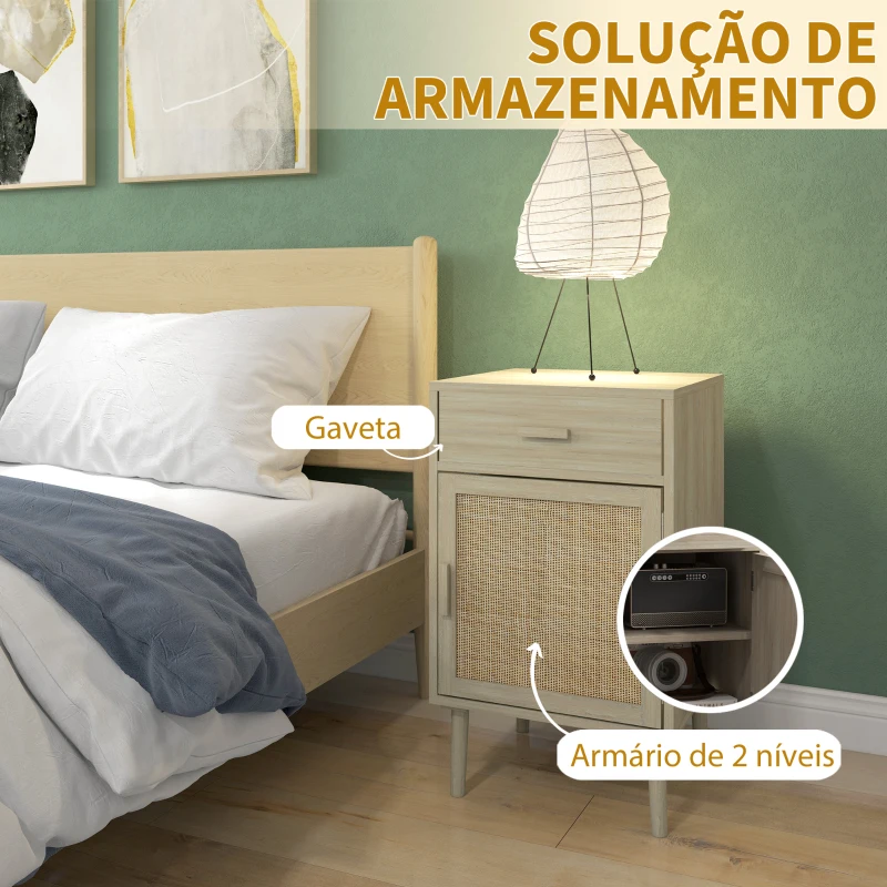 HOMCOM Conjunto de 2 Mesas de Cabeceira com Gaveta de Vime e Prateleira Ajustável para Quarto Sala 40x40x68,5 cm Carvalho