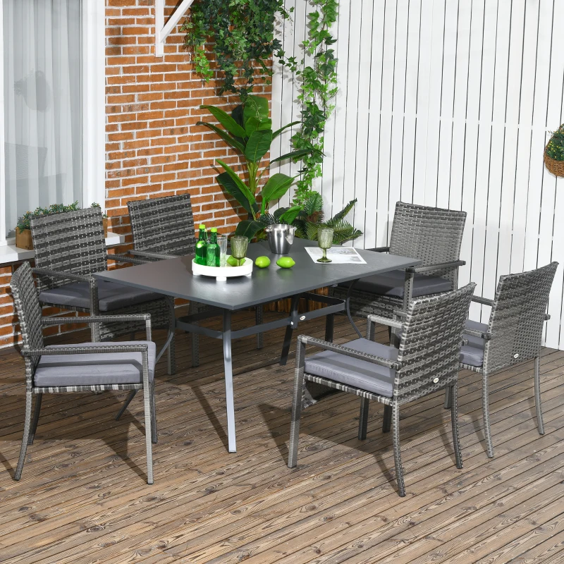 Outsunny Conjunto de Refeição de Jardim em Vime Sintético Conjunto de 7 Peças Inclui 6 Cadeiras com Almofadas e Mesa de Metal Cinza
