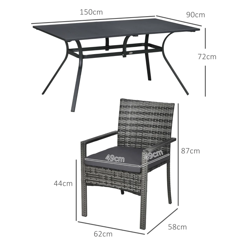Outsunny Conjunto de Refeição de Jardim em Vime Sintético Conjunto de 7 Peças Inclui 6 Cadeiras com Almofadas e Mesa de Metal Cinza