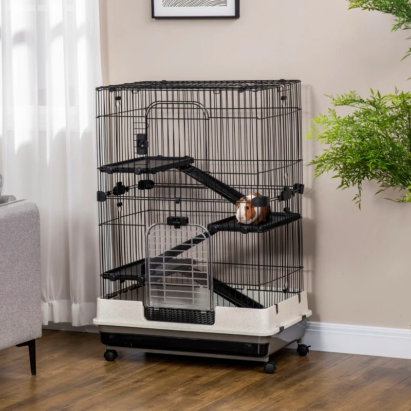 PawHut Four-Tier Small Animal Cage, for Bunnies, Ferrets, Chinchillas w/ Wheels, Tray - Black
