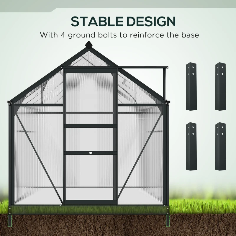 Outsunny 6 x 8ft Polycarbonate Greenhouse, Large Walk-In Green House with Slide Door and Window, Garden Plants Grow House with Aluminium Frame and Foundation, Grey(m-6)