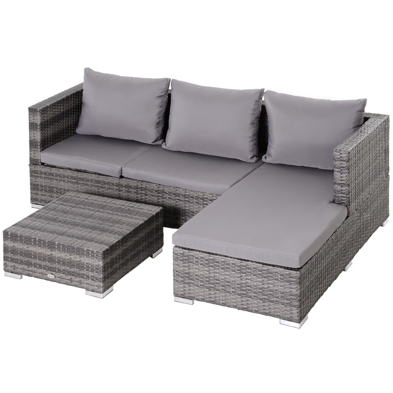 Outsunny Dreiteiliges Gartenmöbel Set, Sofa, Beistelltisch mit Stauraum, 5-Stufig Rückenlehne, PE-Rattan, Grau, (Sofa) 130 x 64 x 62 cm