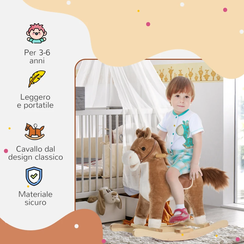 HOMCOM Cavallo a Dondolo Giocattolo con Suoni Realistici per Bambini 36-72 Mesi, Include 2 Batterie AA, Marrone