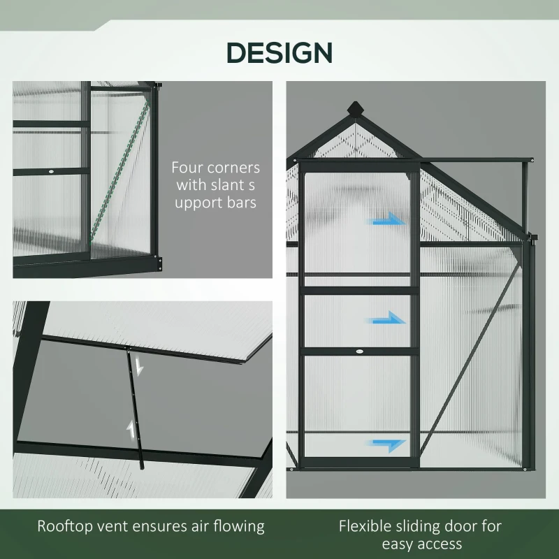 Outsunny 6 x 10ft Polycarbonate Greenhouse, Large Walk-In Green House with Slide Door and Window, Garden Plants Grow House with Aluminium Frame and Foundation, Grey(m-4)