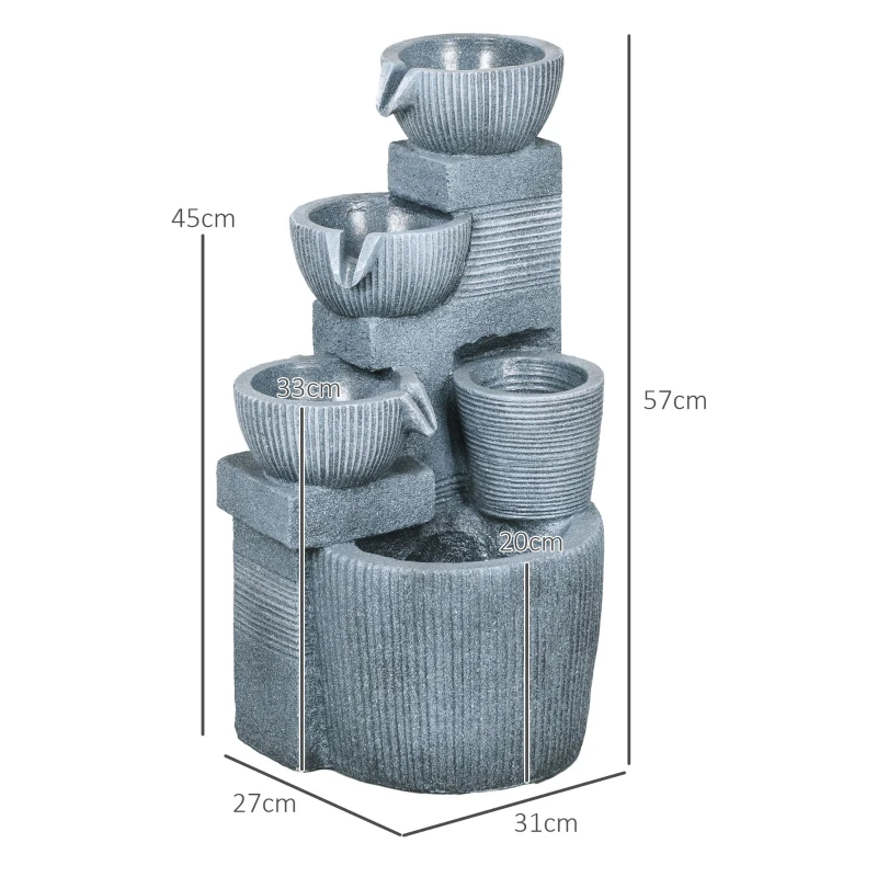 Outsunny Tuinfontein Viertraps Waterval Fontein 57cm Hoogte Zonne-energie LED's voor Tuin, Donkergrijs