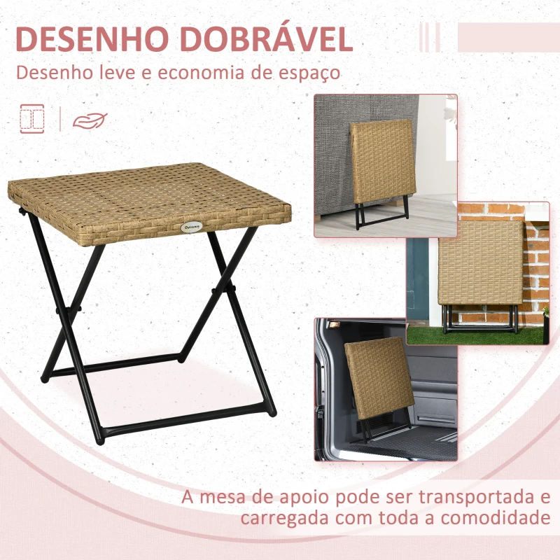 Outsunny Mesa de Jardim em Vime Sintético Mesa Dobrável com Pés Cruzados e Estrutura de Aço para Pátio Varanda 40x40x40 cm Natural