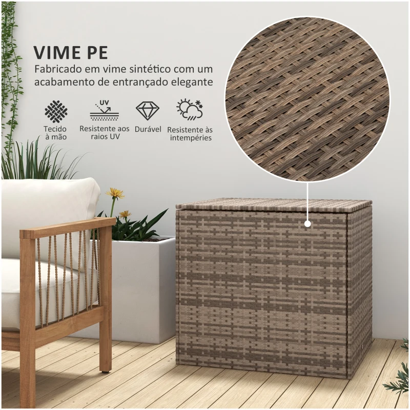 Outsunny Baú de Armazenamento de Vime Sintético 75x75x70 cm Baú de Exterior com Haste de Ar e Estrutura de Aço Carga 50 kg Cáqui