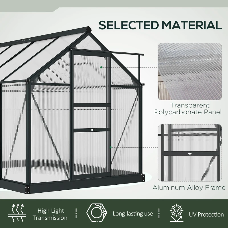 Outsunny 6 x 8ft Polycarbonate Greenhouse, Large Walk-In Green House with Slide Door and Window, Garden Plants Grow House with Aluminium Frame and Foundation, Grey(m-5)