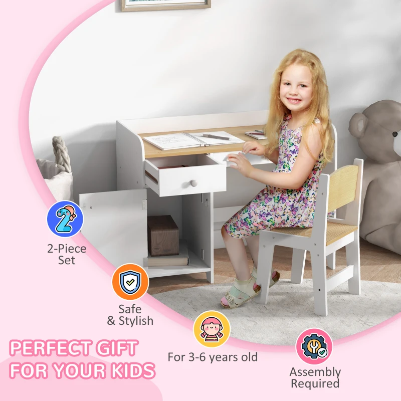 ZONEKIZ Kids Desk and Chair Set for 3-6 Years with Storage Drawer, Study Table and Chair for Children - White