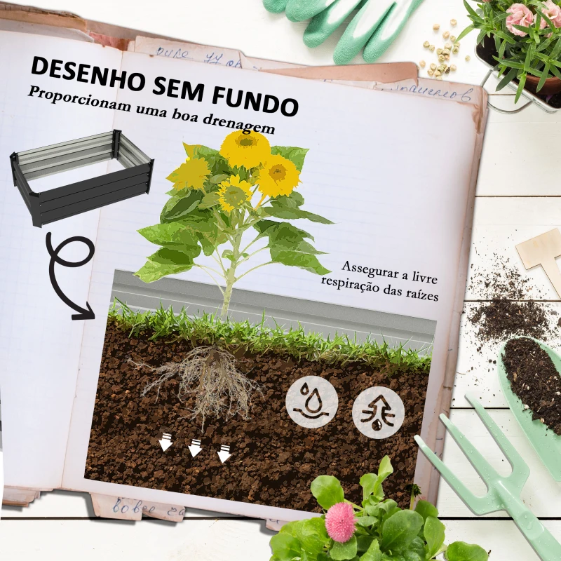 Outsunny Conjunto de 2 Caixas de Plantio de Exterior em Aço Caixas de Cultivo Retangulares para Jardim 100x60x30 cm Cinza Escuro