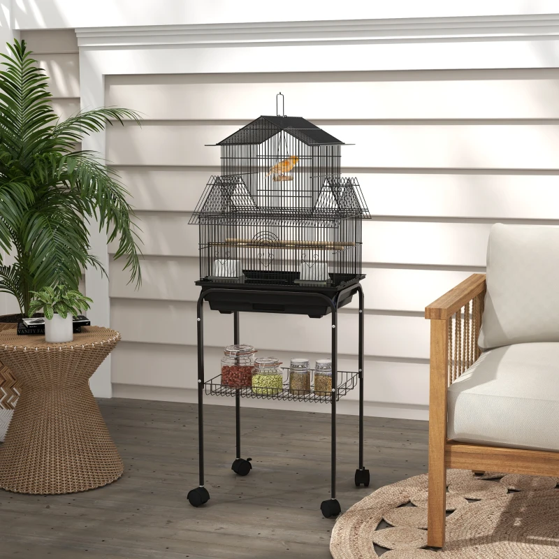 PawHut Metal Bird Cage with Plastic Swing, Perch, Food Container, Tray, Handle, for Finches, Canaries, Budgies, 50.5 x 40 x 63cm
