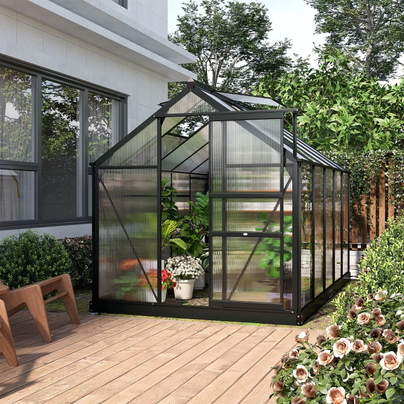 Outsunny 6 x 10ft Polycarbonate Greenhouse, Large Walk-In Green House with Slide Door and Window, Garden Plants Grow House with Aluminium Frame and Foundation, Grey(m-10)