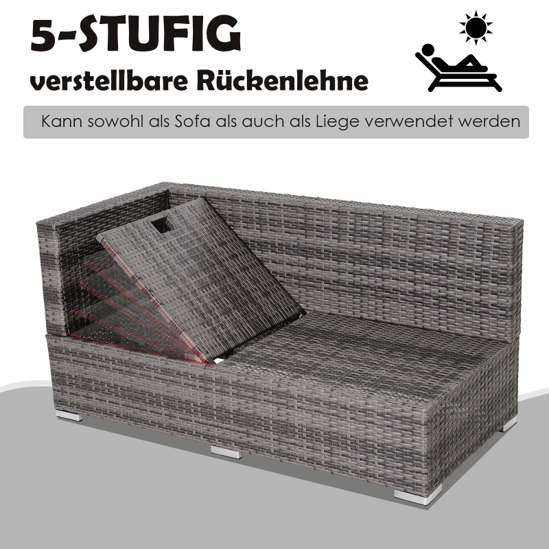 Outsunny Dreiteiliges Gartenmöbel Set, Sofa, Beistelltisch mit Stauraum, 5-Stufig Rückenlehne, PE-Rattan, Grau, (Sofa) 130 x 64 x 62 cm