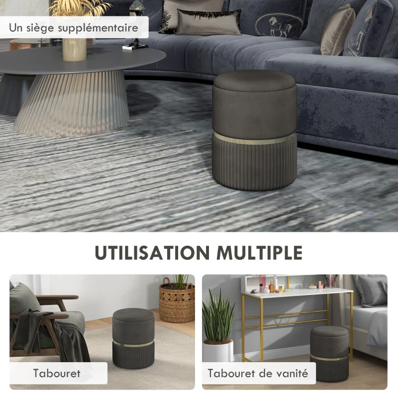HOMCOM Pouf tabouret repose-pied coffre de rangement en velours côtelé 36 x 36 x 44 cm pour salon chambre gris