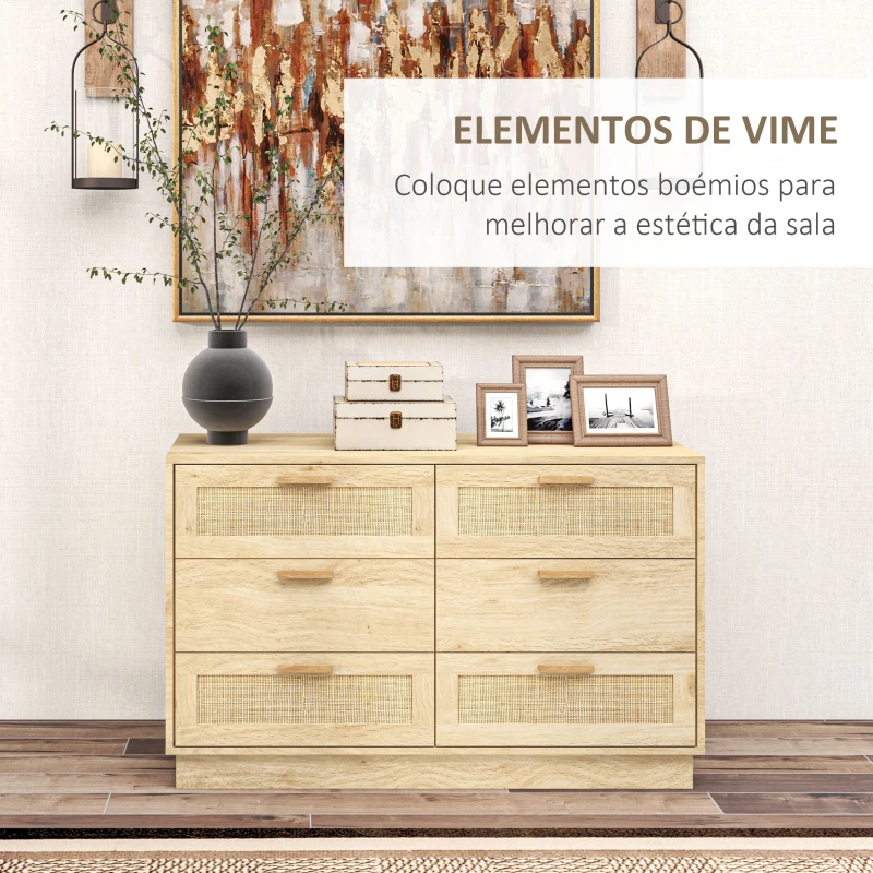 HOMCOM Cómoda para Quarto Cómoda de Madeira com 6 Gavetas de Vime Estilo Boêmio para Corredor Escritório 110x40x69 cm Carvalho