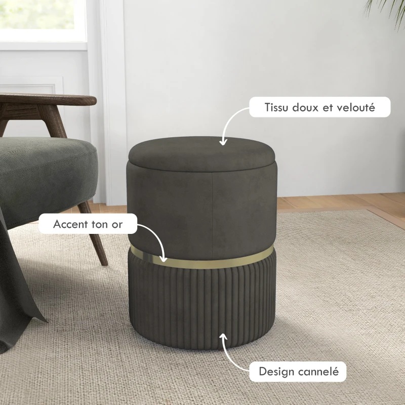 HOMCOM Pouf tabouret repose-pied coffre de rangement en velours côtelé 36 x 36 x 44 cm pour salon chambre gris
