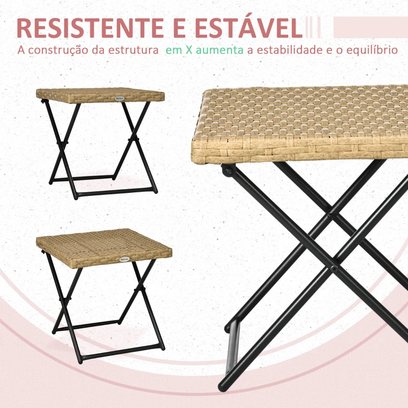Outsunny Mesa de Jardim em Vime Sintético Mesa Dobrável com Pés Cruzados e Estrutura de Aço para Pátio Varanda 40x40x40 cm Natural