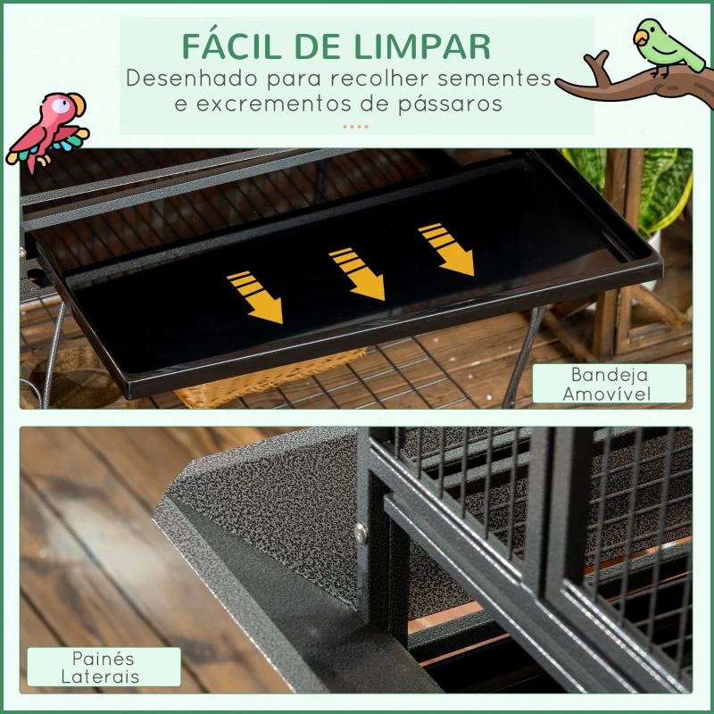 PawHut Gaiola para Pássaros Gaiola de Metal para Aves com 2 Portas Poleiros Bandeja Amovível e 4 Rodas 80x76,5x168 cm Cinza Escuro