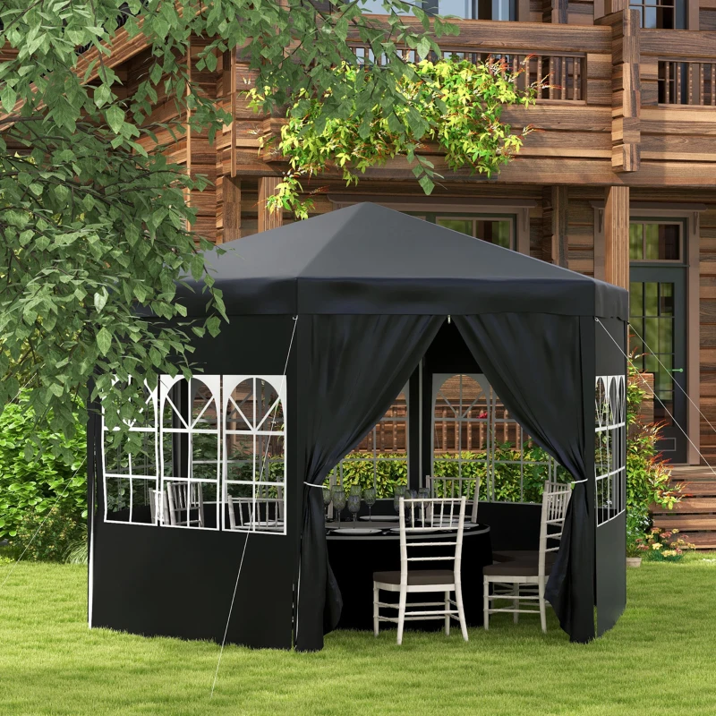 Outsunny 4m Hexagonal Gazebo Canopy Party Tent, Includes 6 Removable Side Walls for Outdoor Events, with Windows and Doors, Black(m-10)