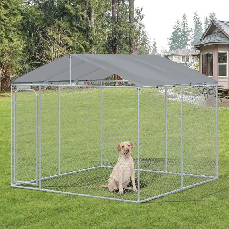 PawHut Canil de Exterior com Toldo Gaiola para Animais de Estimação com 1 Porta e Estrutura de Aço 300x300x234 cm Prata