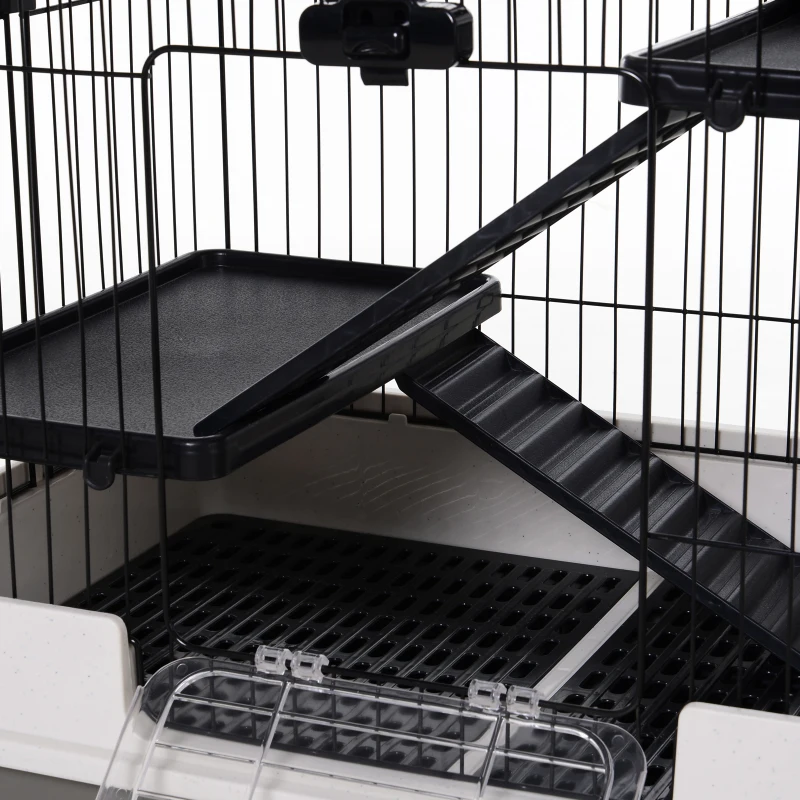 PawHut Four-Tier Small Animal Cage, for Bunnies, Ferrets, Chinchillas w/ Wheels, Tray - Black