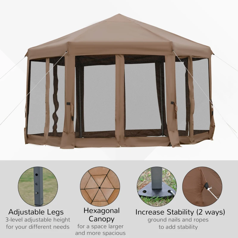 Outsunny 3.2m Pop Up Gazebo Hexagonal Canopy Tent for Outdoor Sun Protection - Includes Mesh Sidewalls and Handy Bag, Brown