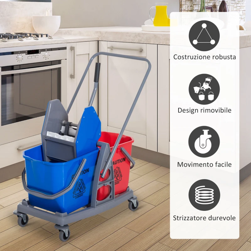 HOMCOM Carrello delle Pulizie Professionale 2 Secchi Capacità 25L Strizzatore 73 × 45 × 92cm