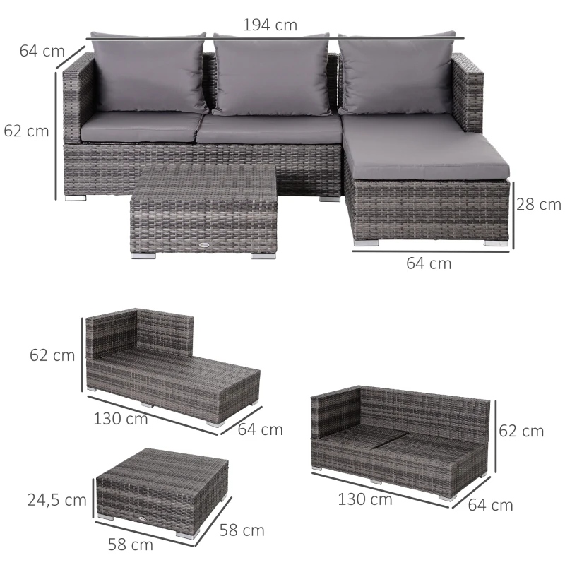 Outsunny Dreiteiliges Gartenmöbel Set, Sofa, Beistelltisch mit Stauraum, 5-Stufig Rückenlehne, PE-Rattan, Grau, (Sofa) 130 x 64 x 62 cm