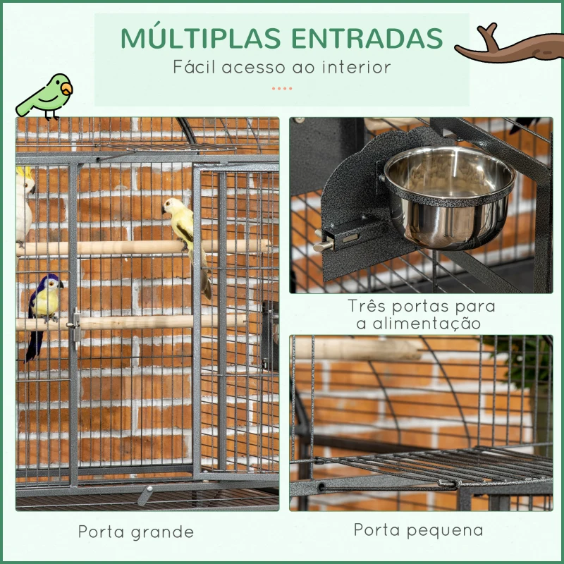 PawHut Gaiola para Pássaros Gaiola de Metal para Aves com 2 Portas Poleiros Bandeja Amovível e 4 Rodas 80x76,5x168 cm Cinza Escuro