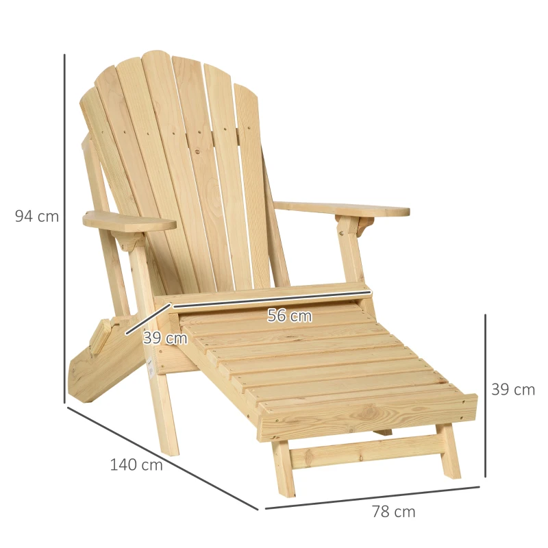 Outsunny Fotel Ogrodowy Adirondack z Podnóżkiem, Składany, Naturalne Drewno Sosnowe