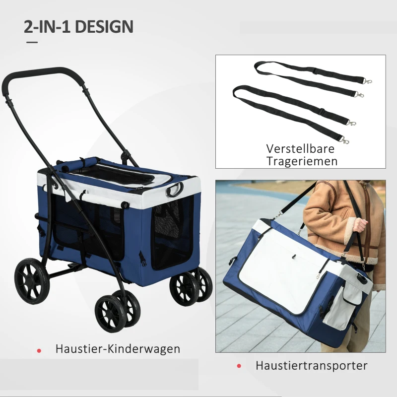 PawHut Hundbuggy Haustierbuggy Haustiertransporter bis 10kg klappbar verstellbare Trageriemen abnehmbarer Korb 81 x 58 x 97,5 cm Schwarz + Blau + Weiß(m-5)