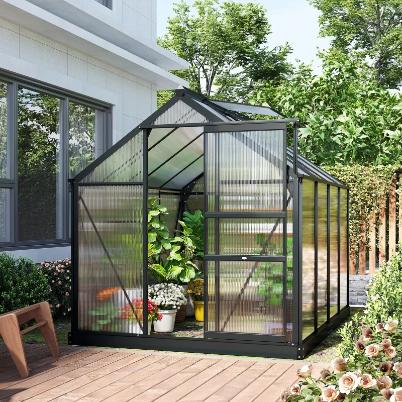 Outsunny 6 x 8ft Polycarbonate Greenhouse, Large Walk-In Green House with Slide Door and Window, Garden Plants Grow House with Aluminium Frame and Foundation, Grey(m-10)