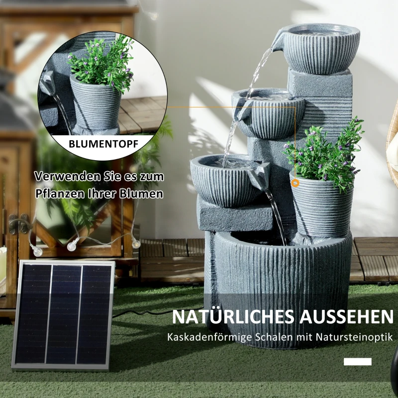Outsunny Tuinfontein Viertraps Waterval Fontein 57cm Hoogte Zonne-energie LED's voor Tuin, Donkergrijs