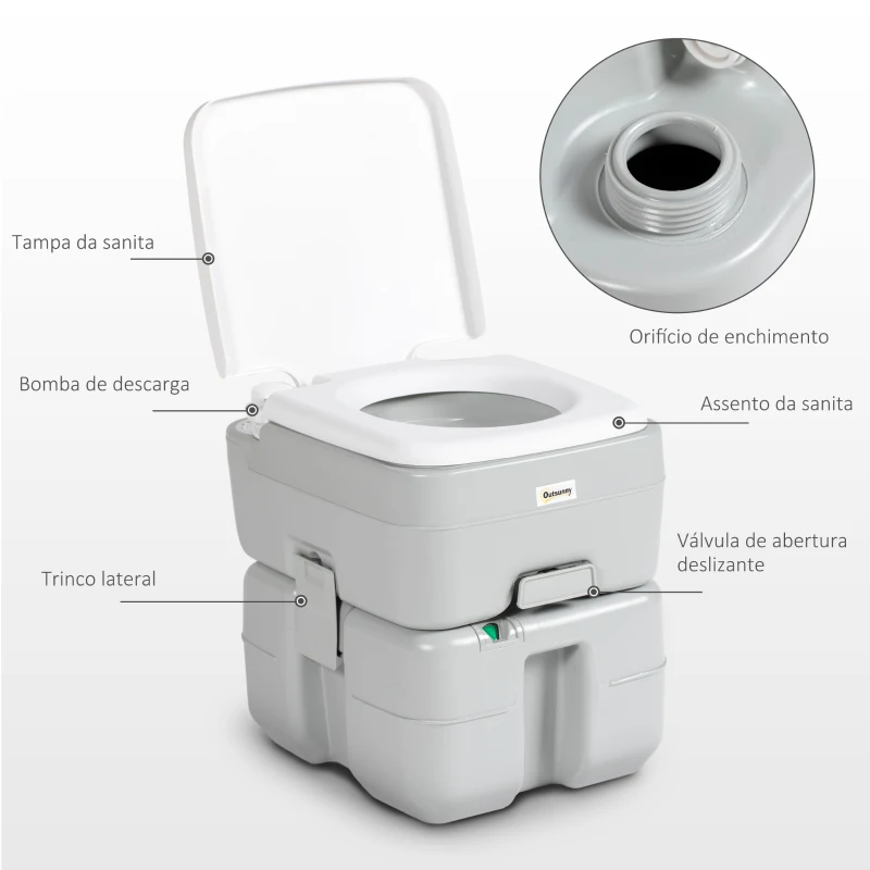 Outsunny Sanita Portátil 20L com Indicador de Nível Capacidade 150 kg para Campismo Viagem Idosos Caravana Barco 33x40x43 cm Cinza