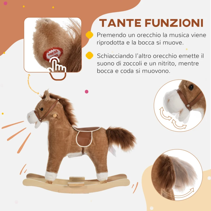 HOMCOM Cavallo a Dondolo Giocattolo con Suoni Realistici per Bambini 36-72 Mesi, Include 2 Batterie AA, Marrone