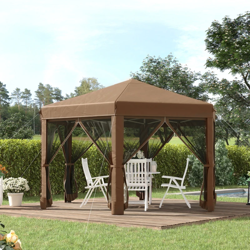 Outsunny 3.2m Pop Up Gazebo Hexagonal Canopy Tent for Outdoor Sun Protection - Includes Mesh Sidewalls and Handy Bag, Brown
