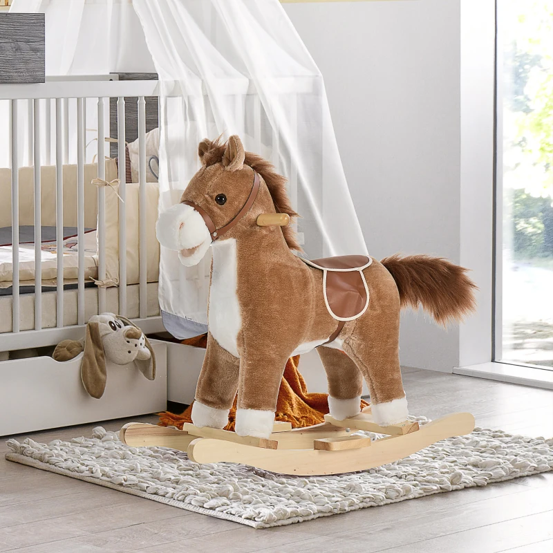HOMCOM Cavallo a Dondolo Giocattolo con Suoni Realistici per Bambini 36-72 Mesi, Include 2 Batterie AA, Marrone